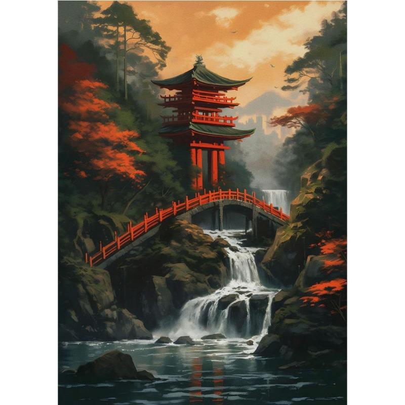 Japanese cherry color koi, fish, moonlake, magic art poster, canvas, painting, Japanese landscape, wall art for living room, home decor