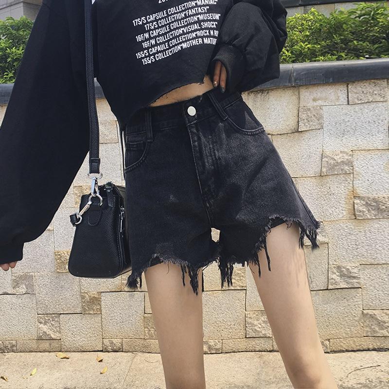 

Wowen классика и минимализм мода универсальные сломанные отверстия женские свободные с высокой талией летние широкие тонкие необработанные края A Word джинсовые шорты индивидуальность 5XL чёрный