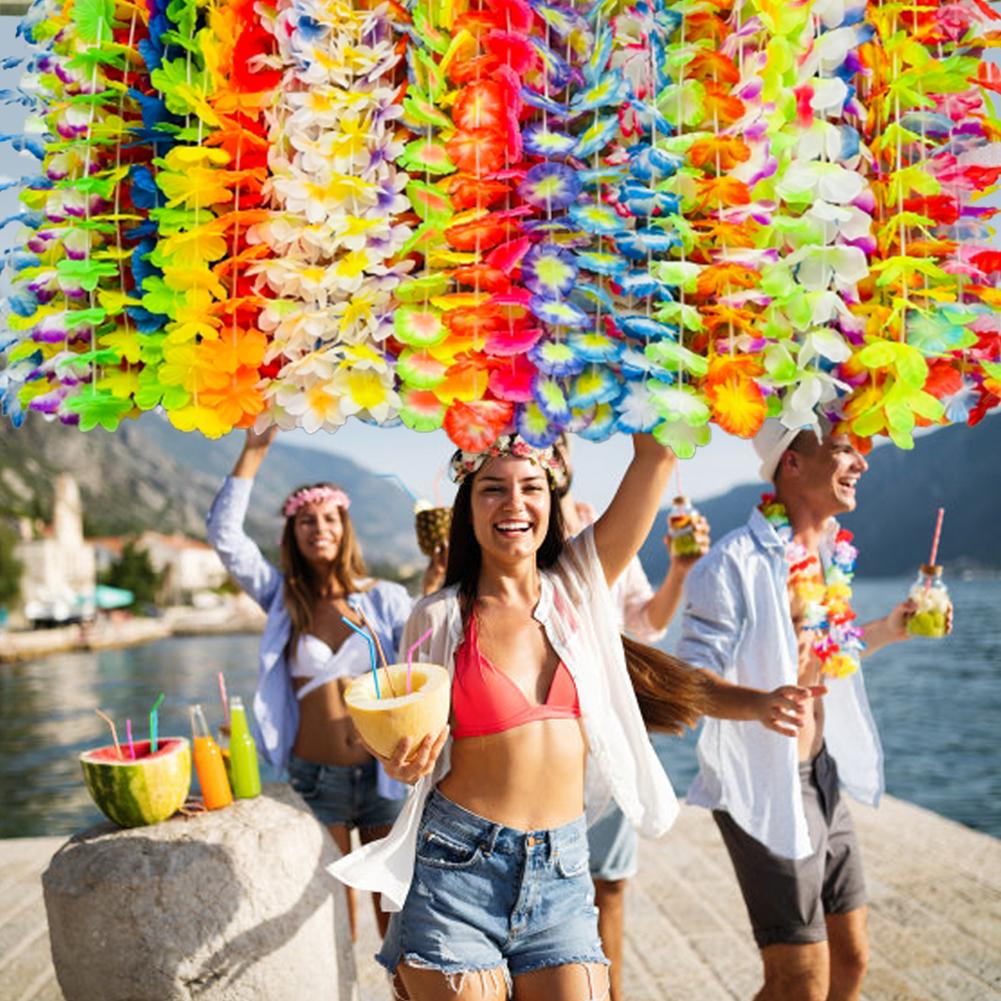 70pcs Hawaiian Luau Leis Decorations Supplies 30 Tropical Leaves 30 Hibiscus Flower 10 Necklace Tropical Luau Party Decoration China Mainland