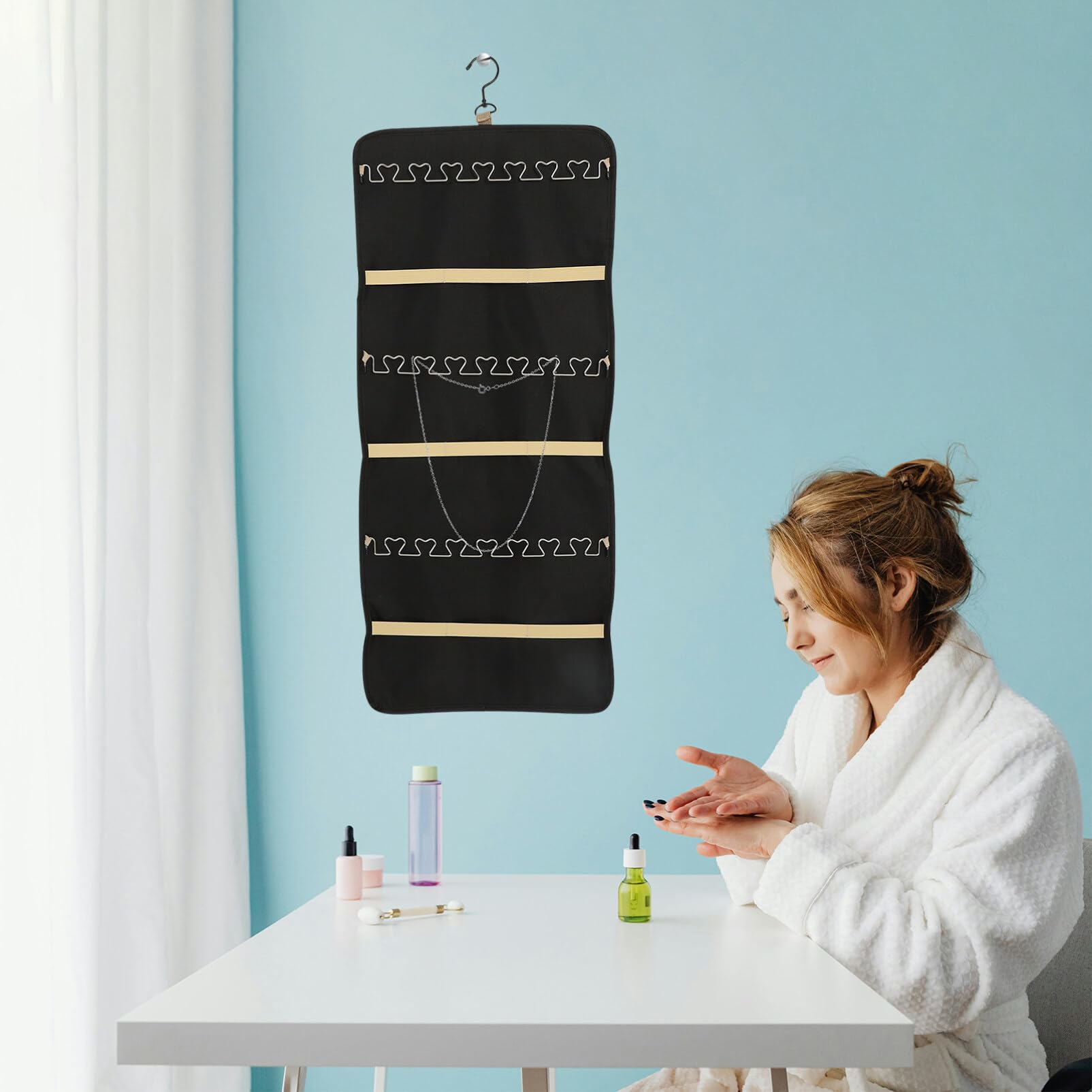 

Подвесные сумки для ювелирных изделий, органайзеры для хранения в рулонах с вешалкой, двухсторонний держатель для сережек, ожерелий на дверце шкафа