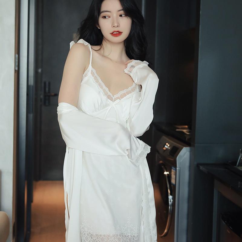 Suspender pajamas women's summer thin pajamas with chest pads Ice silk pajamas women's lace mesh two-piece set Spring and Autumn loungewear