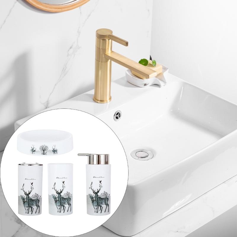4er-Set Badezimmer-Organizer mit Hirschmotiv, inklusive Zahnbürstenbecher, Seifenschale und Flüssigseifenspender für das Badezimmer zu Hause