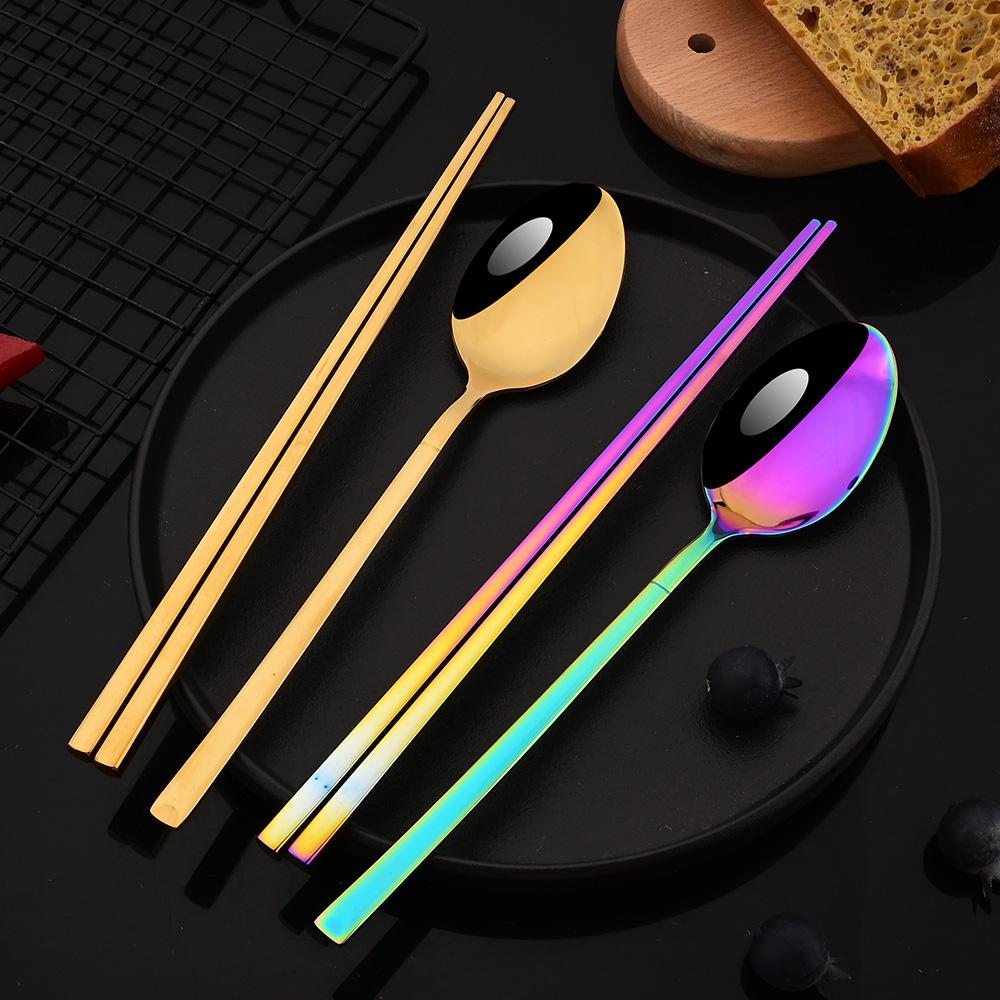 Gold Stainless Steel Cutlery Set Sushi Sticks Dinner Spoons Set 8Pcs Dinnerware Korean Chopsticks Dessert Spoon Flatware Set