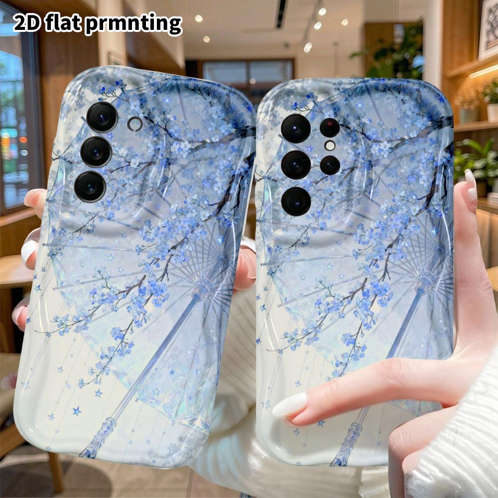 Phone Case: 2D Flat Samsung Galaxy A34 A35 S20 S22 S21 FE Plus Ultra Protective Case, Ice Blue Glass Umbrella, Christmas and Halloween Holiday Gift