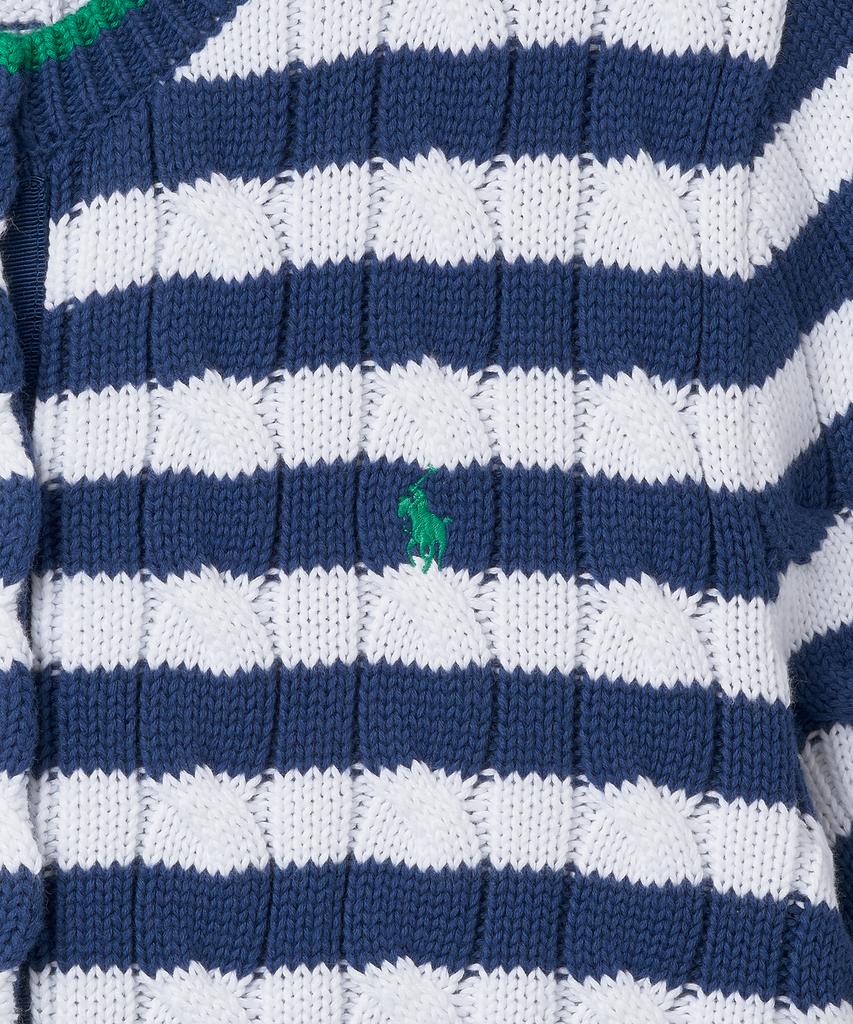 POLO RALPH LAUREN W Striped Cable Knit Short Sleeve Cotton Sweater - Blue Yacht/White