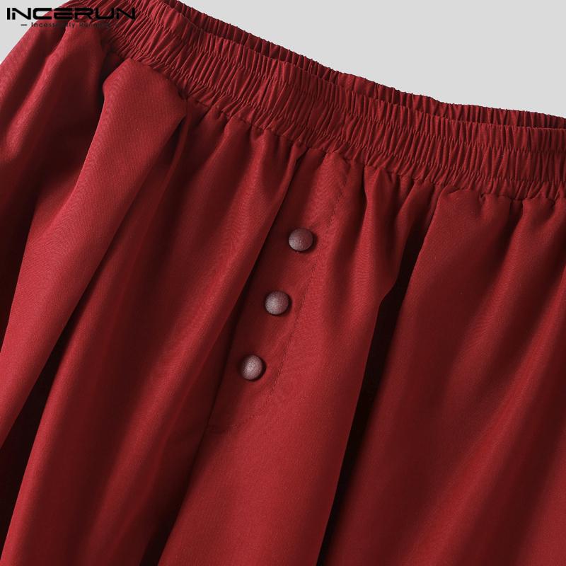 INCERUN Men Casual Elastic Waist Solid Wide Legs Pants Long Trousers with Pockets