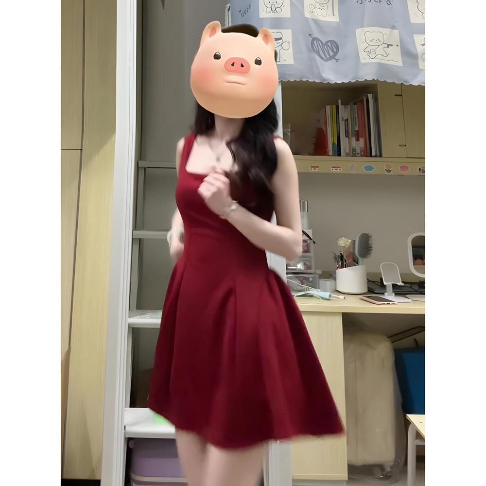 

Платье атмосфера ночного клуба красное платье на подтяжках женская одежда маленькое темпераментное платье с завышенной талией XL- (recommended 110-60kg)