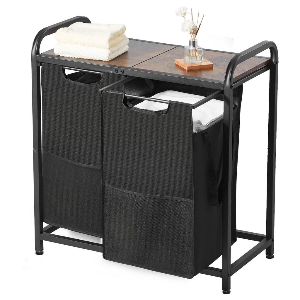 2 Section Laundry Sorter with Pull-Out Bags Metal Frame & Wooden Tabletop