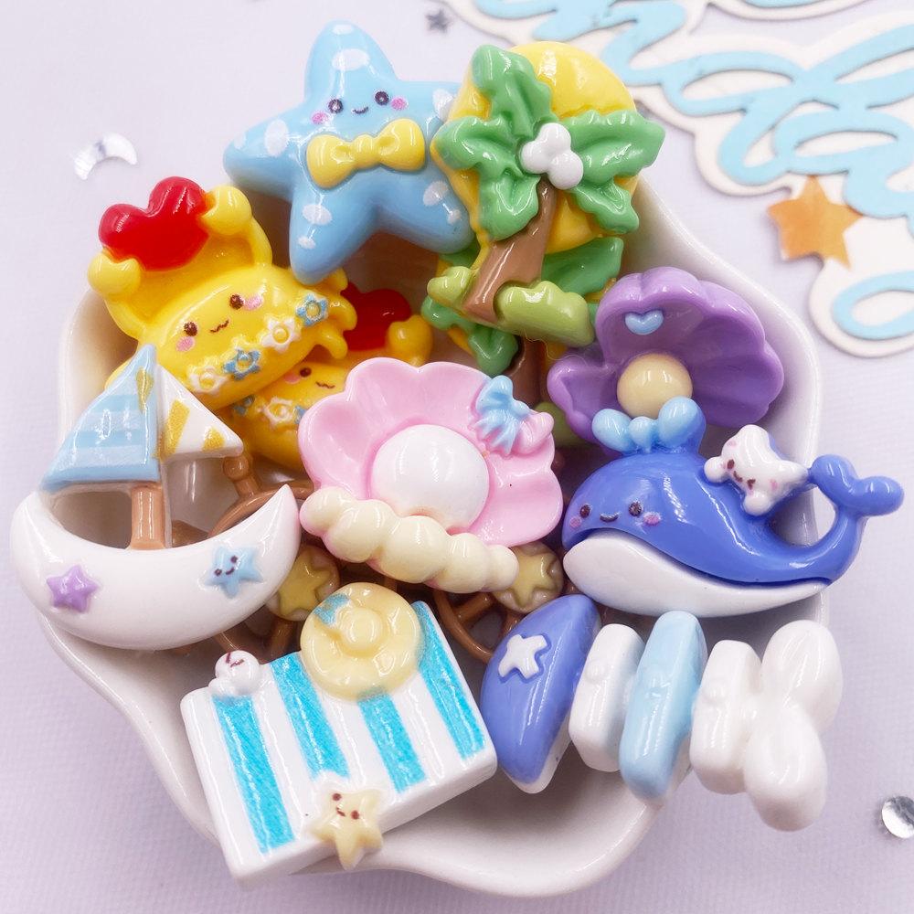10pcs Colorful Resin Cartoon Ocean Series Figurine Crab Dolphin Pearl Shell Sailboat Flatback Scrapbook Decor DIY Jewelry Crafts
