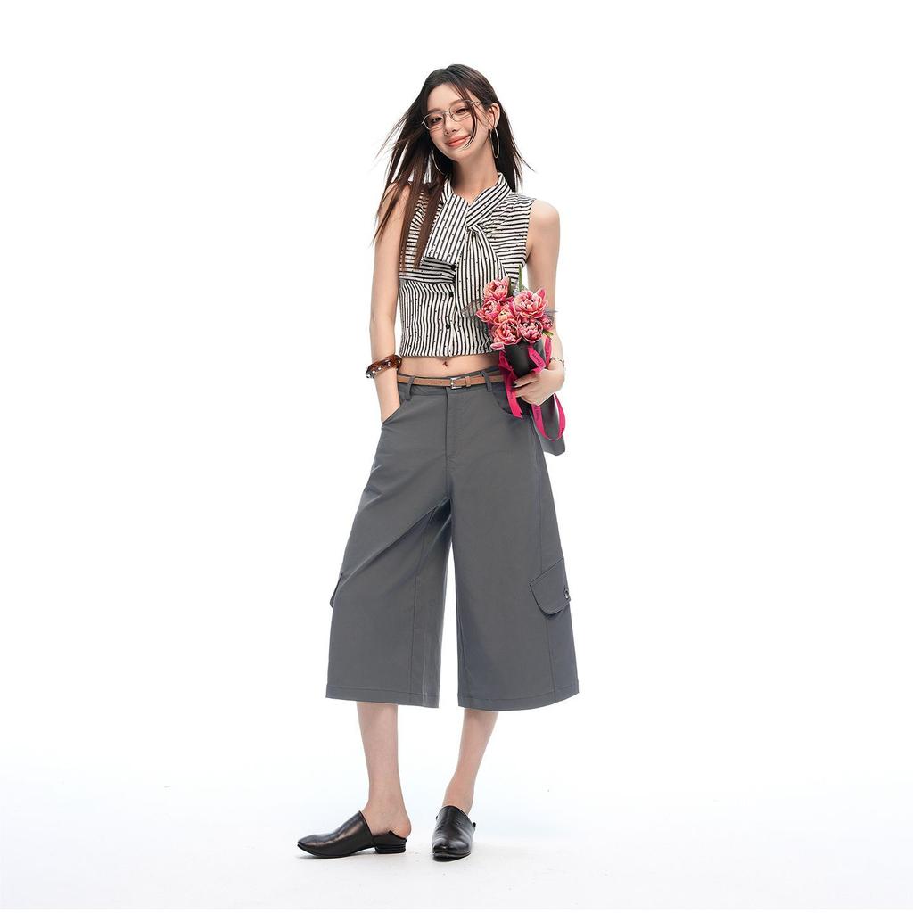 Fashion Summer Washed Drawstring Multi Pocket Cargo Cropped Capri Casual Pants For Women Trendy Versatile Loose Straight Slimming Street Outfit