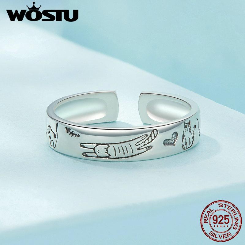 WOSTU 925 Sterling Silver Zlatý retrívr Psí nastavitelné prsteny pro ženy Krásný 3D prsten pro domácí mazlíčky se zvířaty Dívka k narozeninám rodinný dárek