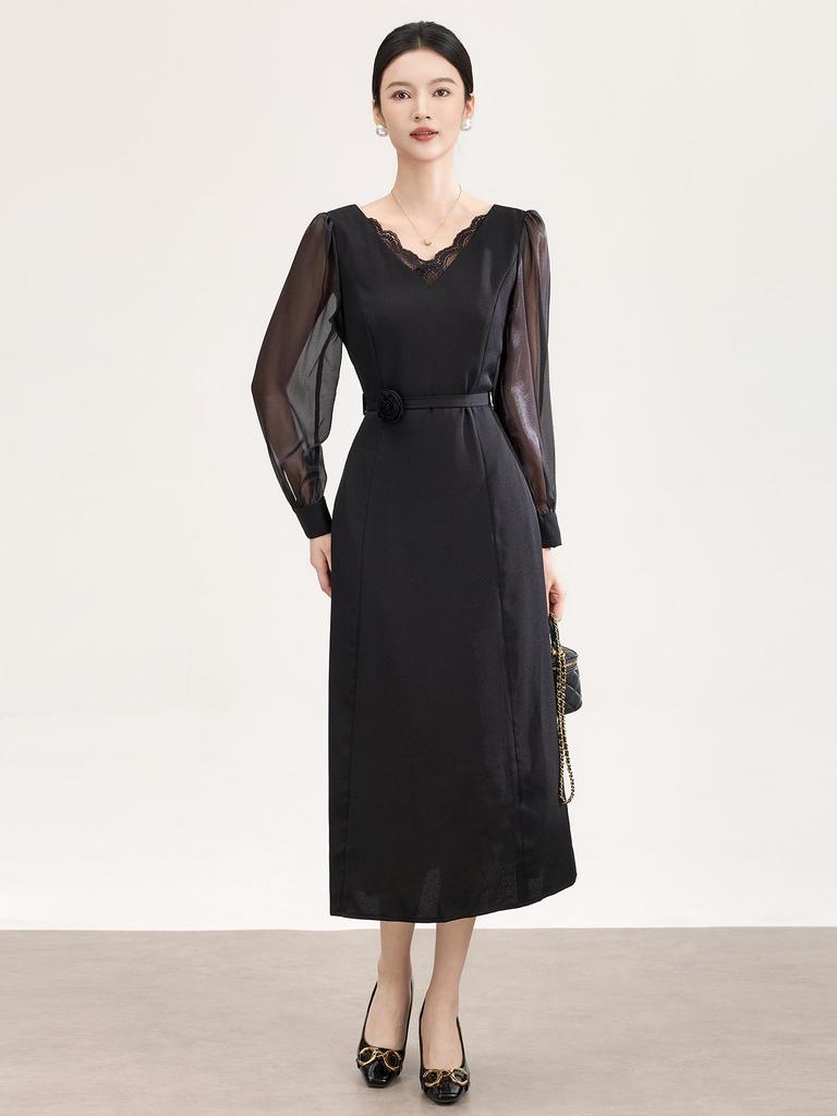 Nanyou Women's Spring V-Neck Lace Patchwork Crystal Waist-Cinched Dress