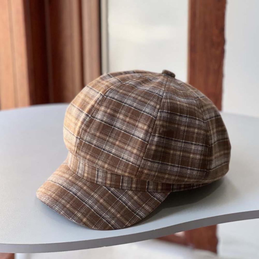 Cotton Grid Beret Cap Polyester Women Octagonal Hat Vintage Plaid Cloud Cap  Work
