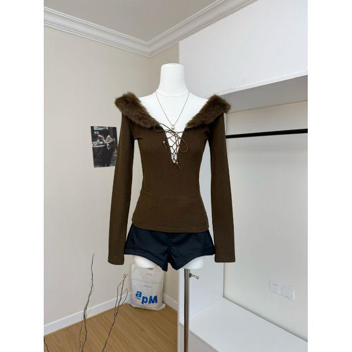 

Spicy Girl Strappy Cutout Fur Collar Long Sleeve T-shirt - Sexy Slim Fit Autumn/Winter Women’s Base Layer Top Medium