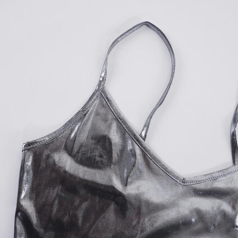 Rochie midi sexy metalizată de toamnă 2024, în linie A, cu bretele