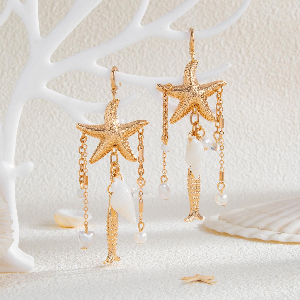 Boho Ozean Stil Quallen Seestern Jakobsmuschel Quaste Ohrringe Urlaub Silber Gold Farbe Imitationsperlen Kristall Lange Ohrringe Sommer Strand Schmuck Y2K