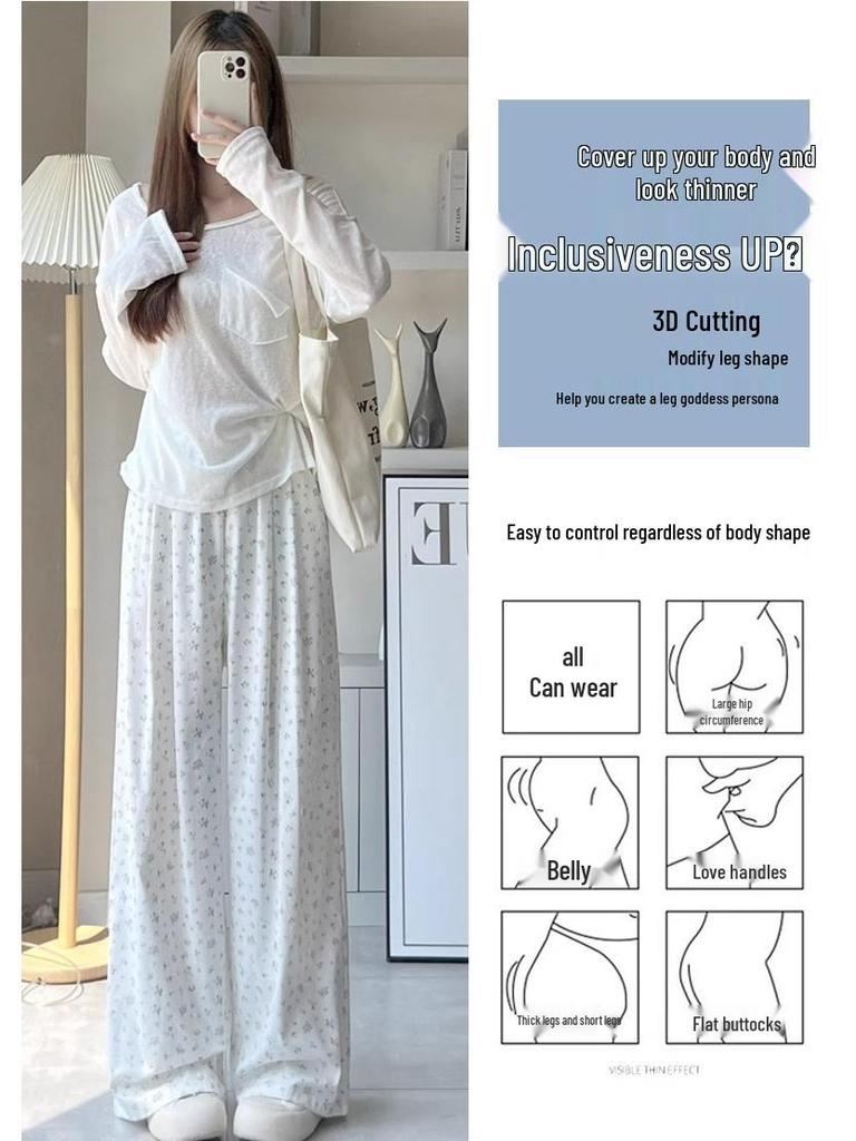 Women's Summer Floral Wide-Leg Pants: High-Waisted, Elastic Waist, Mori Style, Petite 145-150, Casual & Loose.