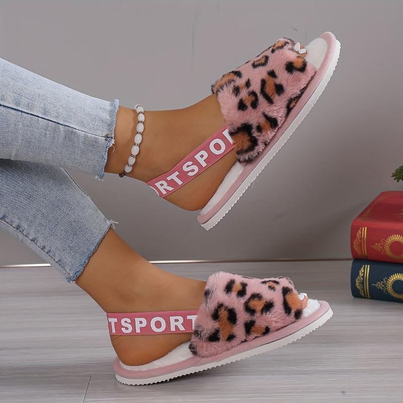 Warm Breathable Leopard Print Plush Slippers - Cozy Women's Indoor Shoes with EVA Sole, Pink Trim - Perfect for Home, Dorm, All-Season Comfort