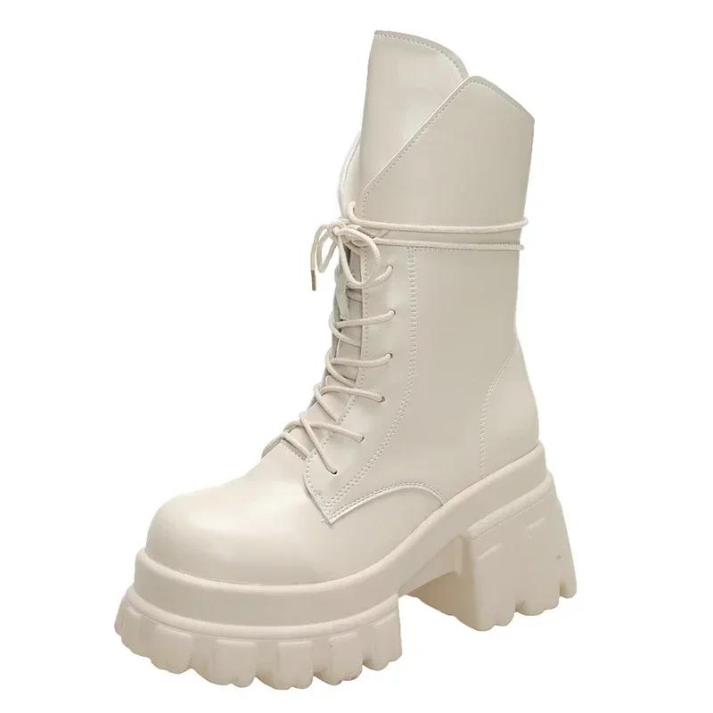Fashion 9CM Women's Mid-Calf Boots New Fashion Lace-up Patent Leather Chunky Shoes Autumn High Heels Platform Motorcycle Boots For Woman