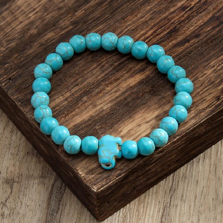 8MM Round Gemstones Bracelet With Turquoise Accent And Elephant Charm Perfect For Adding A Natural Touch To Outfits
