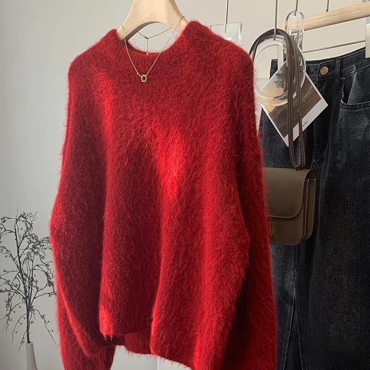 

High-end durable and not tacky Christmas new red imitation mink sweater women s plush knitted top bottoming shirt one size fits all червоний