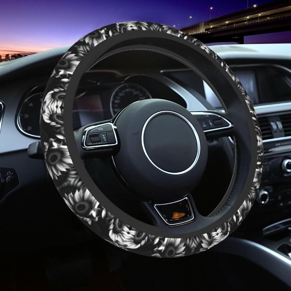 Black and White Sunflowers Print 15 Inch Universal Steering Wheel Cover,Car Accessories,for Cars,Suvs,and Trucks