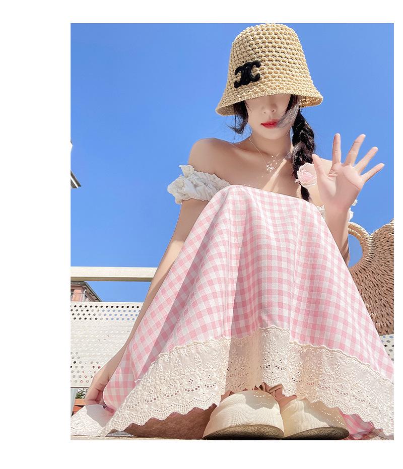 Women's High Waist Checkered Lace Trim A-line Midi Skirt (2025)