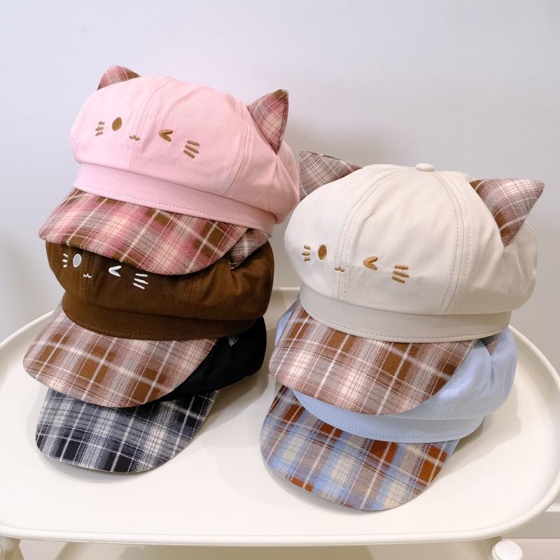 Plaid three-dimensional cartoon embroidered octagonal hat lady cute newsboy hat girl shade beret hat