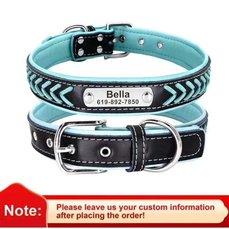 Gravierter Leder-Hundehalsband Geflochten Personalisierter ID-Tag Halsbänder Namensschild Haustierhalsband Leder Haustier-Leine Leinen (Blue,XS（old）) blau