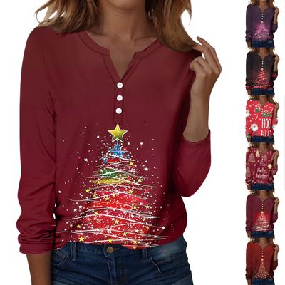 Women's T Shirt Tee Christmas Print Button Long Sleeve Daily Weekend Fashion Basic V- Neck Regular Top