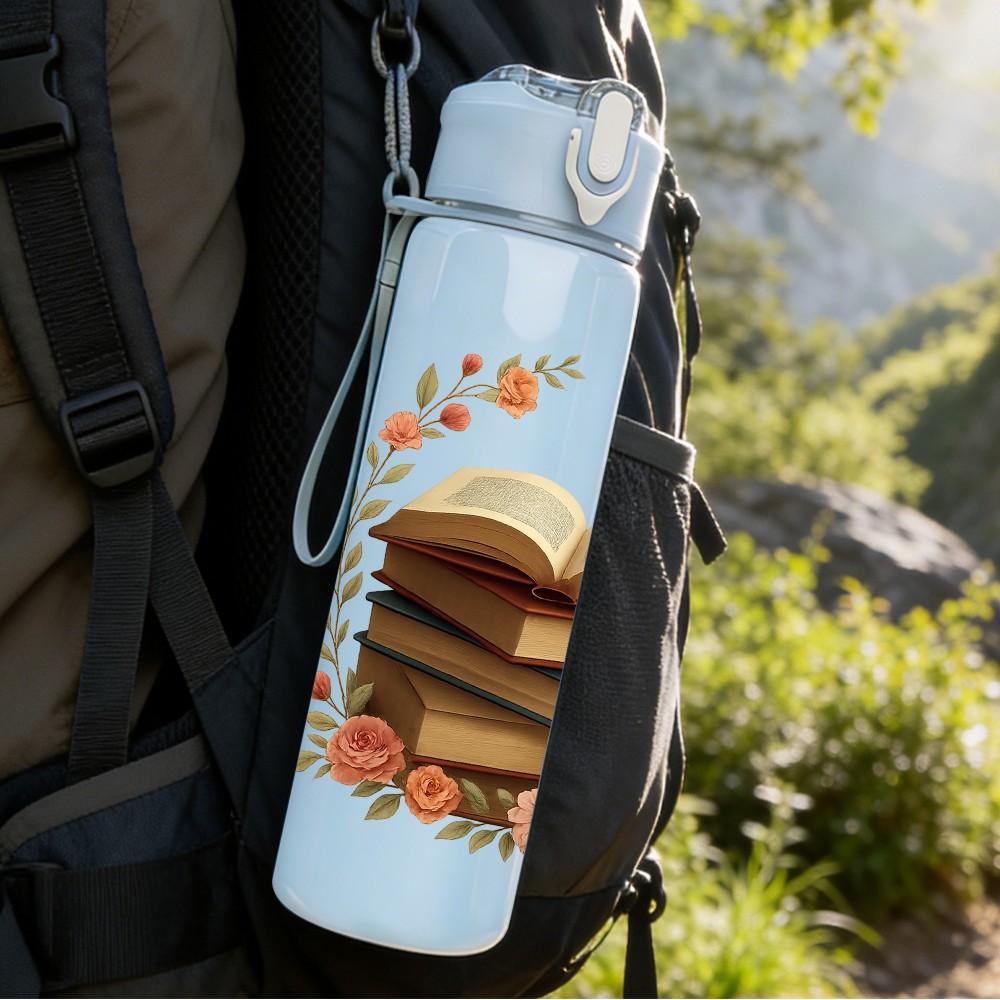 1PC Book Wreath Floral Frame Layout 750ml Color Plastic Sports Water Bottle Leakproof Flip Straw Lid For Sports Office Home Use