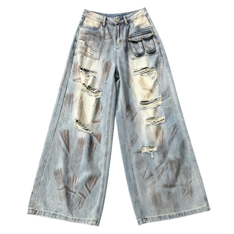 High-Waisted Distressed Wide Leg Denim Pants Women - Relaxed Fit Vintage Streetwear Trousers