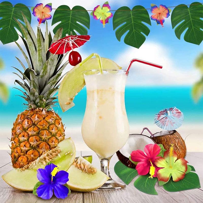 10Pcs Artificial Tropical Palm Leaves Fake Hibiscus Flower for Beach Table Decor Hawaiian Party Supplies Wedding Decoration Gift