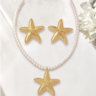 A New Set of Beach Style Imitation Pearl Starfish Necklace and a Pair of High-end Starfish Stud Earrings.