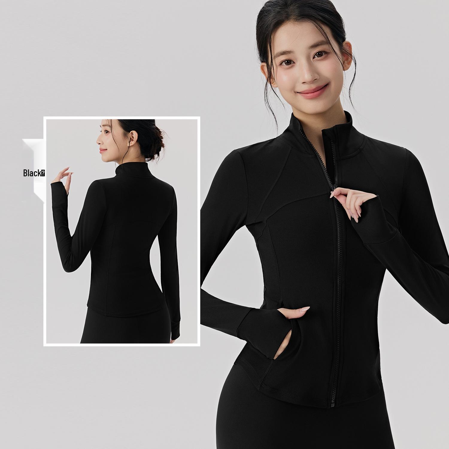 

Women s Slimming Black Yoga Top: Stand-Collar, Cinched Waist, Long-Sleeve for Running and Sports L