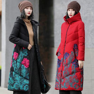 Bestickter langer Baumwollmantel in Übergröße für Damen, neu, Winter, koreanischer Stil, schmal geschnitten und verdickt, Daunenbaumwollmantel, über dem Knie, Baumwolle