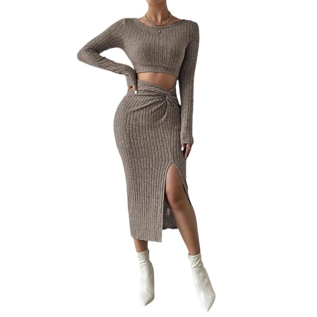 2024 Women s European & American Sexy Hollow Out Slimming Slit Bodycon Dress M хаки