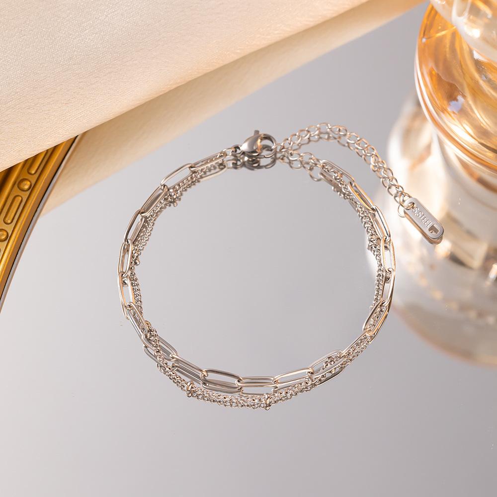 

Paper Clip Chain Bracelet for Women Minimalist Double Layers Stainless Steel Gold Color Bracelet on Hand Trendy Zircon Gift 16-21 cm