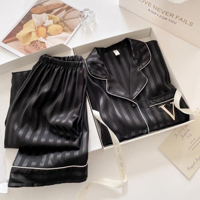 Pajamas women's spring and autumn sweet striped light luxury ice silk long-sleeved trousers can be worn outside high-end loungewear suit