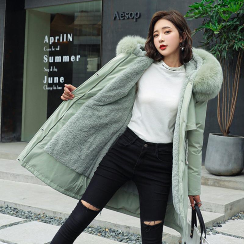 

2026 New Cotton Fashion Fur Collar Parka Women Pocket Elegant Fleece Long Hooded Jacket Female Korean Designer Casual Trench Coats New 3XL зелений