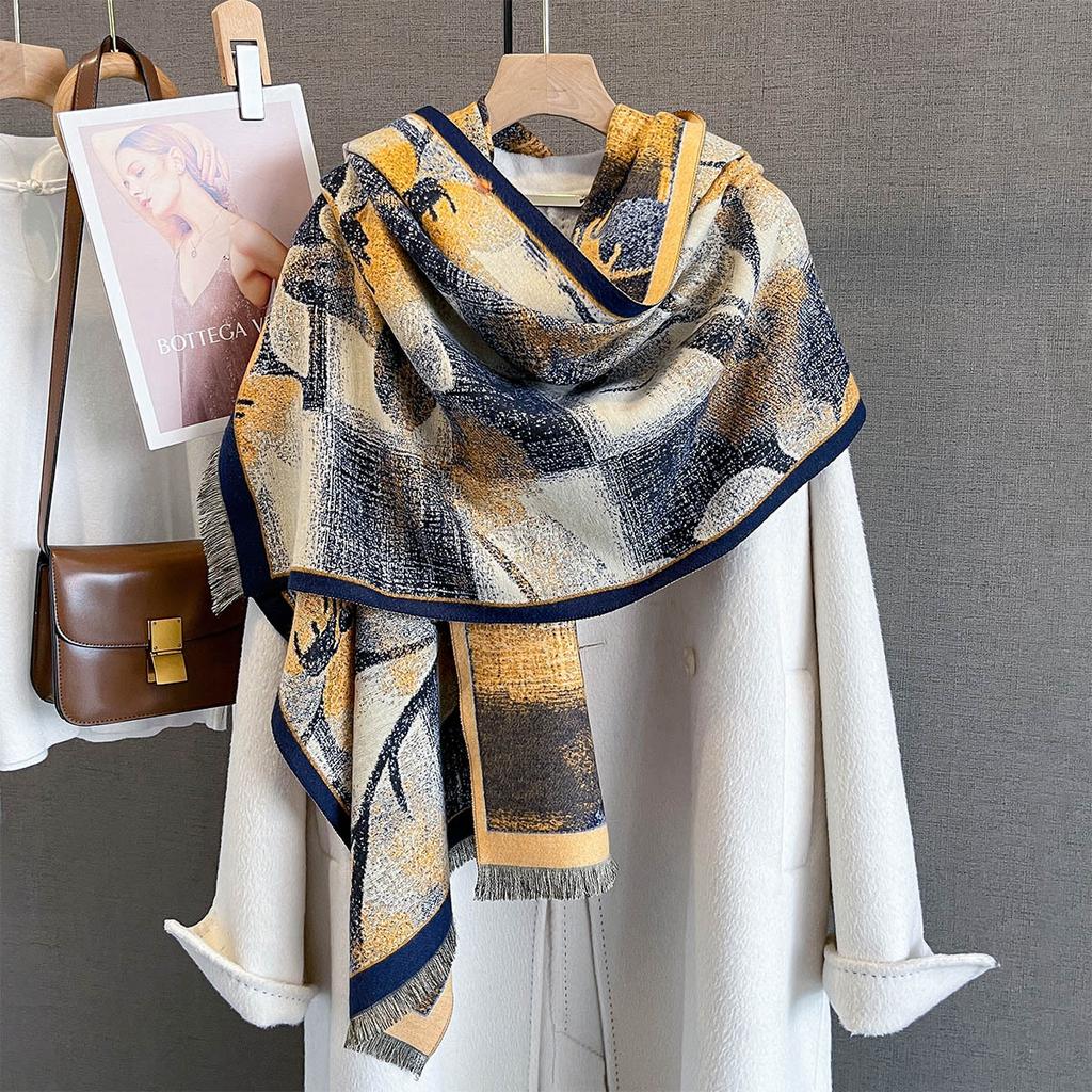 Autumn New Versatile Plaid Flower Print Scarf Personalized Retro Color Matching Flower Pattern Shawl Warm Scarf