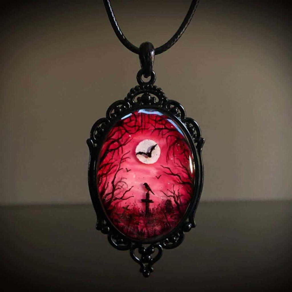 New Gothic Black Crow Cemetery Moon Ghost Forest Oval Pendant Necklace for Women Halloween Party Vampire Artistic Jewelry Gifts