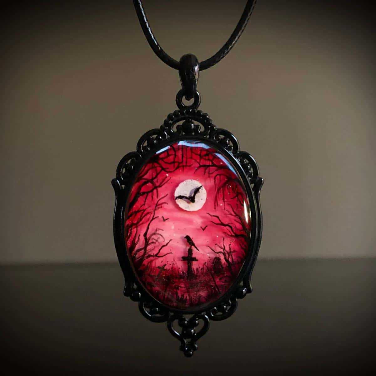 

New Gothic Black Crow Cemetery Moon Ghost Forest Oval Pendant Necklace for Women Halloween Party Vampire Artistic Jewelry Gifts
