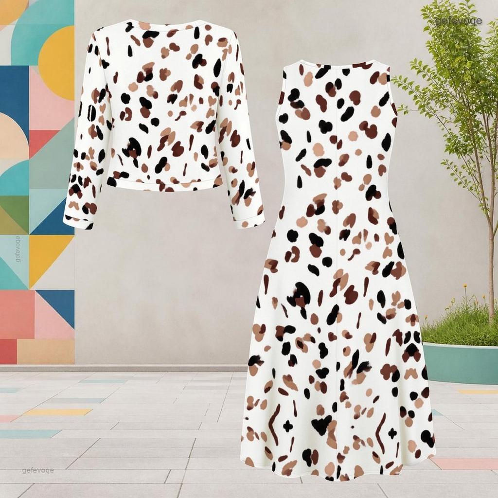 Women Plus Size Two Piece Dress Set Round Neck Long Sleeve Cropped Cardigan Sleeveless Printed White Dress