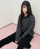 Mihebeu Striped Rugby Collar Long Sleeve Black Pink