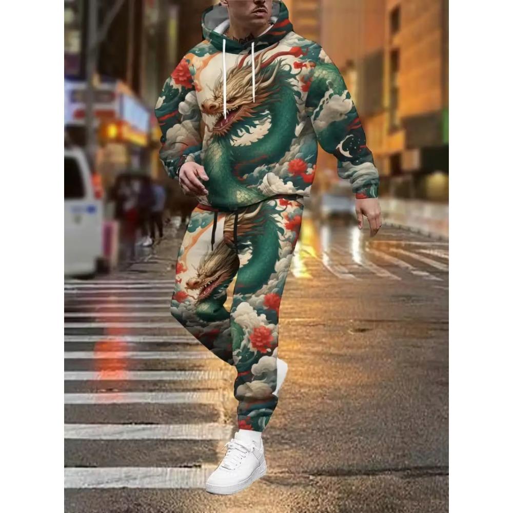 Cool Dragon 3D Print Men's Hoodie Pants 2-Piece Outfits Autumn/Winter Men's Hooded Sweatshirt Sets Jogging Pants 2Pcs Sets