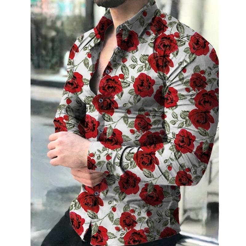Men Long Sleeve Button Down Shirt Rose Floral Print Casual Hawaiian Style Top