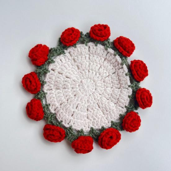 Crochet Flower Coasters Handmade Vintage Bouquet Knitted Rose Flower Decorative Coasters Anti-scald Table Mats Without Flower Pot