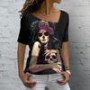 Summer V-neck 3D Skull Rose Print Top Fashionable Casual Short Sleeved Women's T-shirts