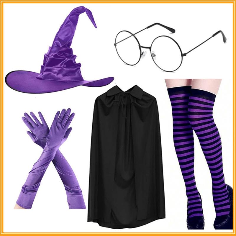 Halloween Green Witch Costume Set With Claw Gloves Striped Socks Wizard Hat Cloak And Round Glasses For Party Cosplay